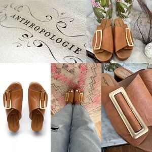 Anthropologie Kelsi Dagger Brooklyn Dover tan gold buckle heels wedges sandals